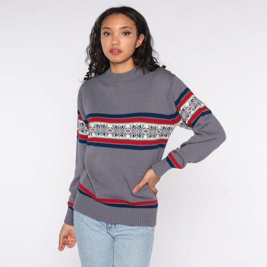 80s Nordic Snowflake Sweater Grey Geometric Fair Isle Knit Large