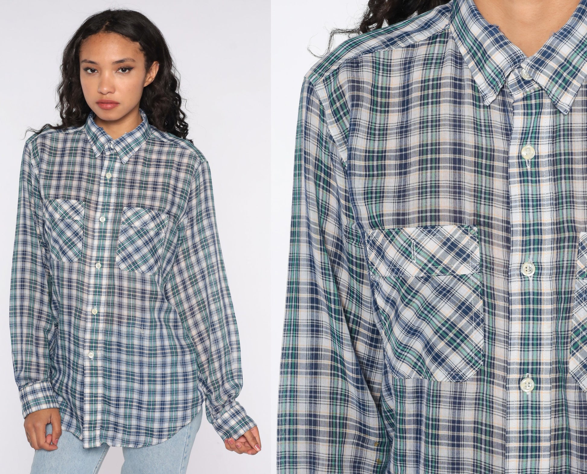 80s Blue Plaid Button Up Shirt Cotton Blend Distressed Large