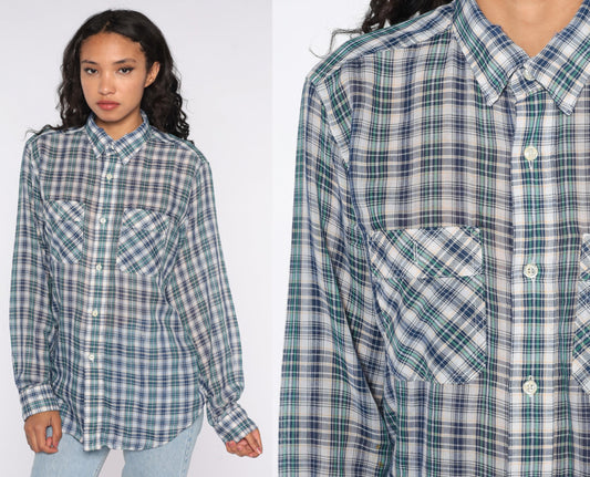 80s Blue Plaid Button Up Shirt Cotton Blend Distressed Large