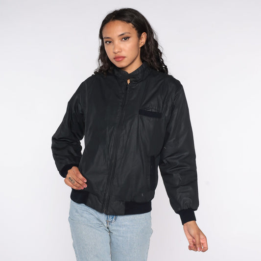 80s Black Bomber Jacket Epaulette Windbreaker Cafe Racer Small