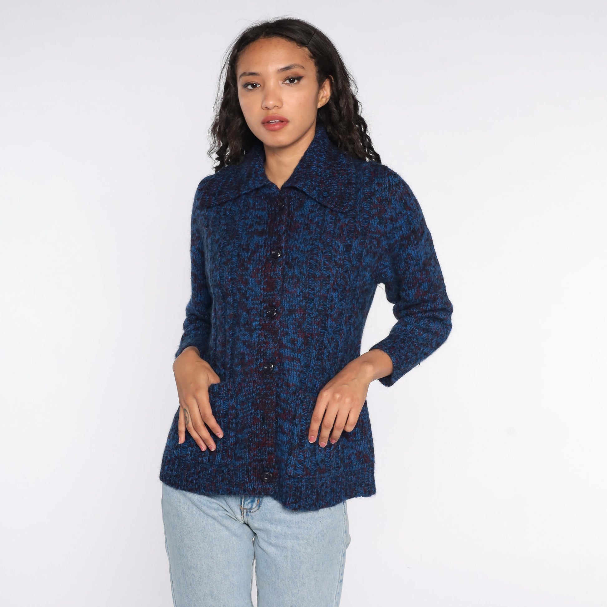 70s Dark Blue Space Dye Cardigan Sweater Button Front Medium