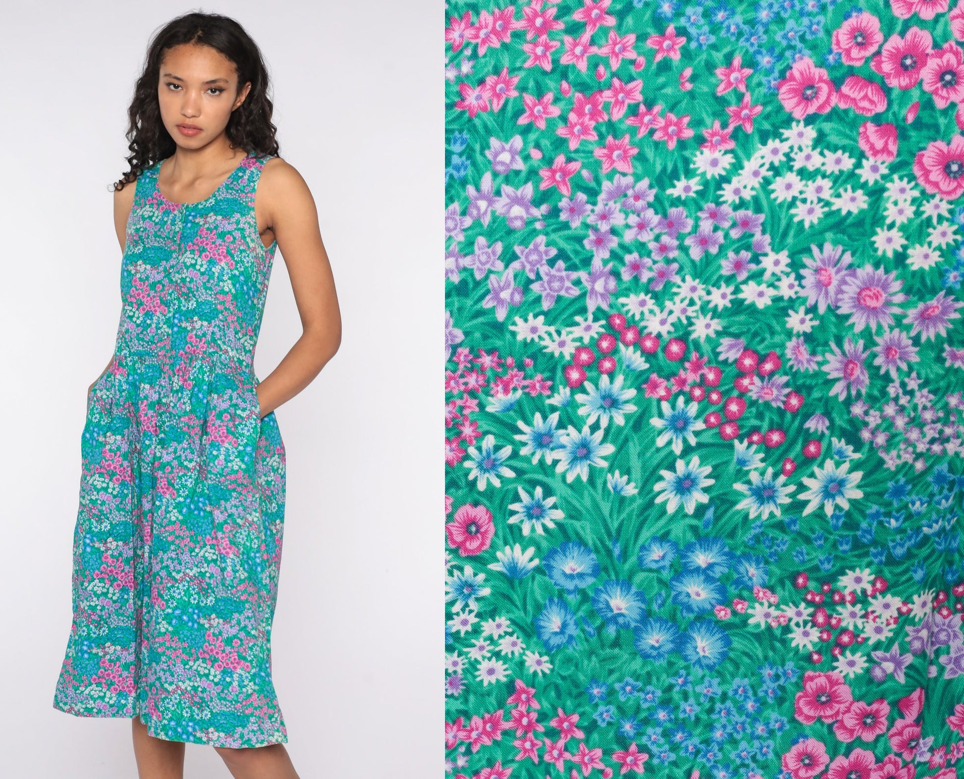 90s Kathy Sunada Floral Jumper Dress Green Midi Button Front Small