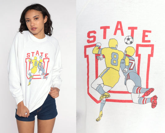 80s State U Football Sweatshirt White Graphic Crewneck Pullover Large