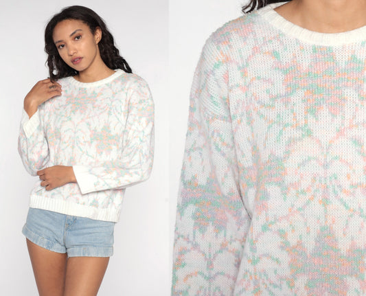 80s Geometric Leaf Knit Sweater White Pastel Pullover Medium