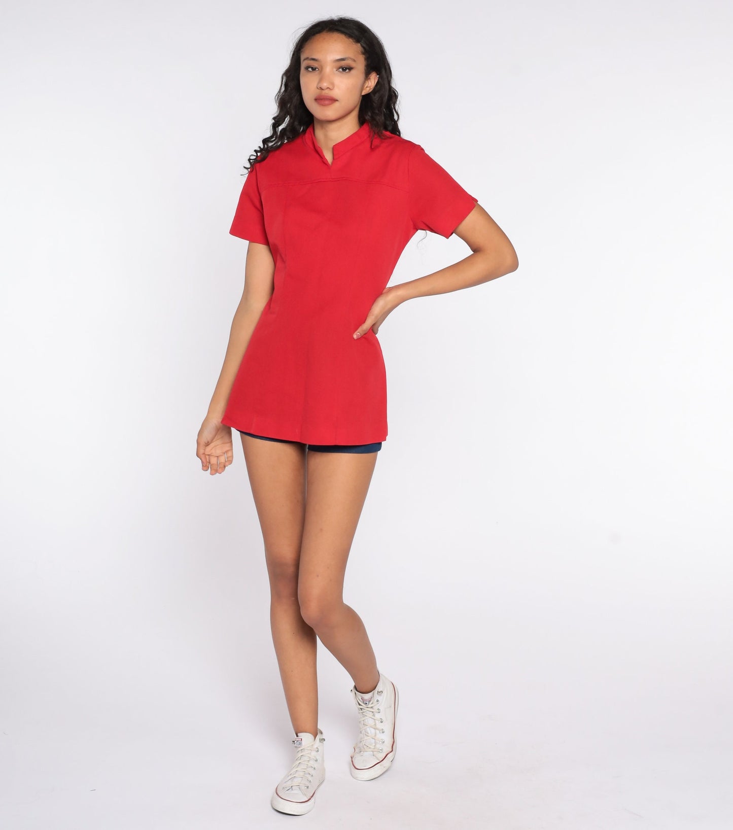 70s Red Mandarin Collar Shirt Polyester Short Sleeve Blouse Medium