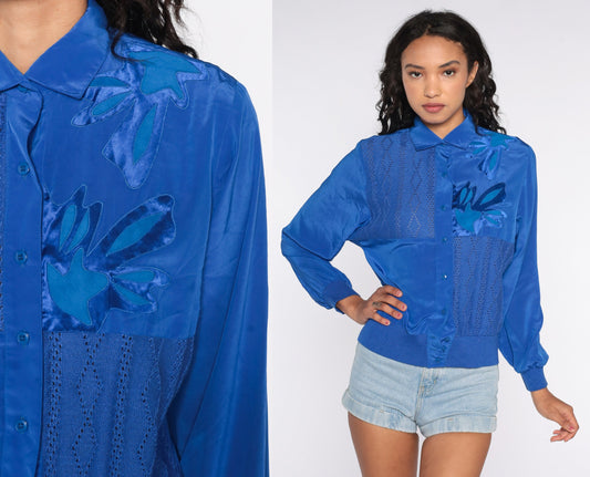 80s Royal Blue Cutout Blouse Abstract Button-Up Long Sleeve Small S