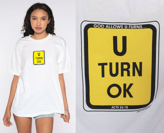 90s God Allows U-Turns Graphic T-Shirt White Cotton Large L