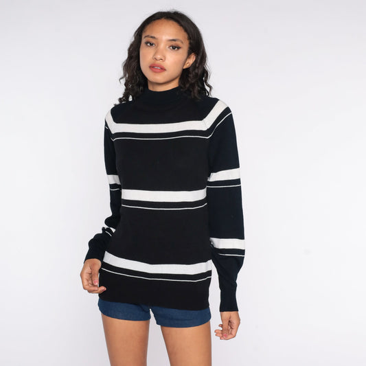 70s Black Striped Knit Sweater Mock Neck Pullover Large