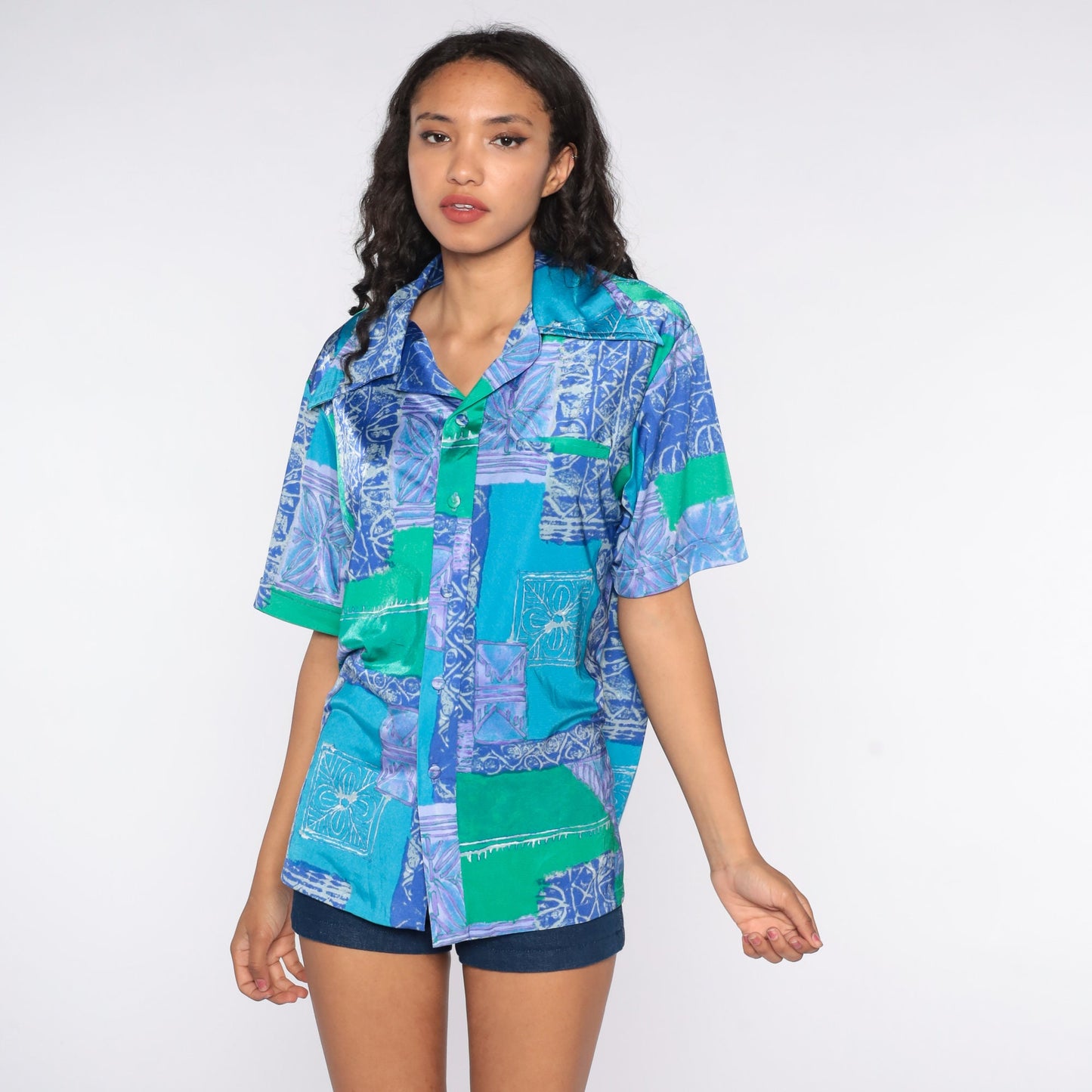 70s Liberty House Geometric Dagger Collar Shirt Blue Psychedelic Extra Large