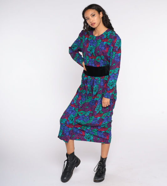80s Floral Midi Dress High Waist Long Sleeve Pleated Print Medium