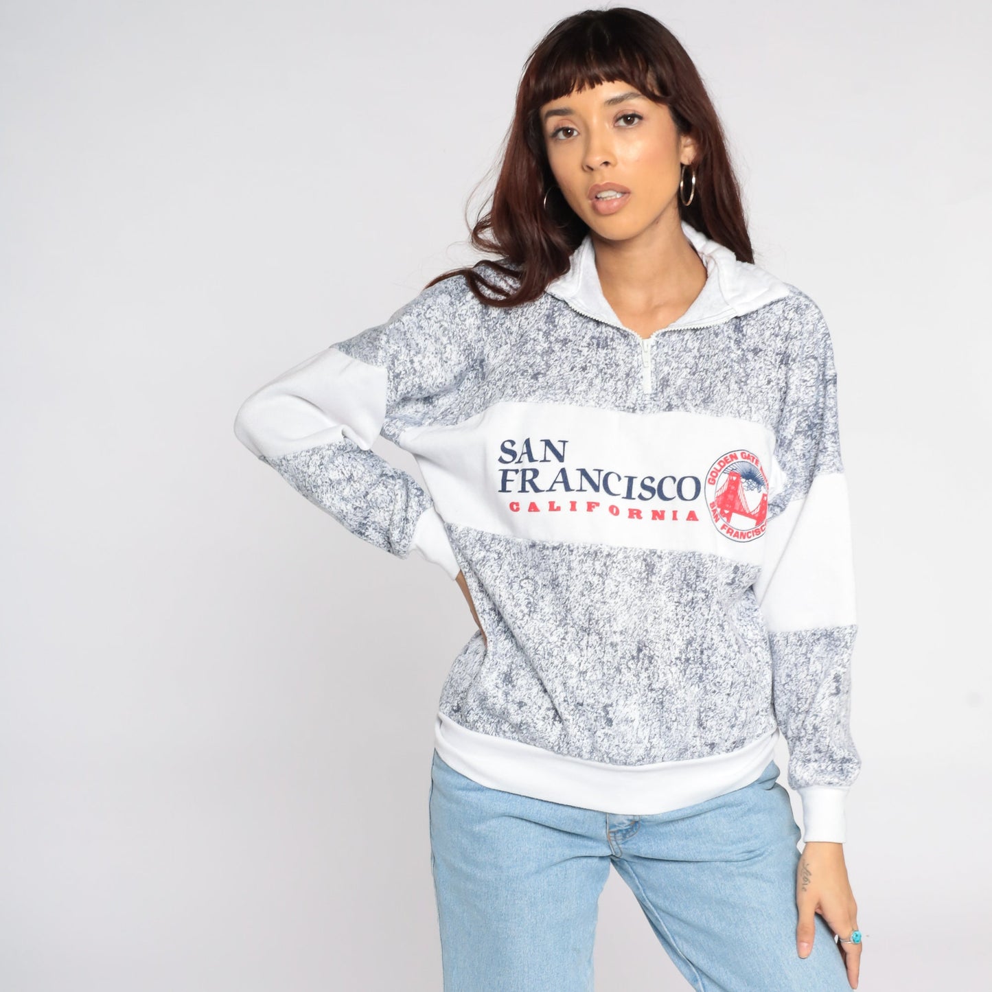80s San Francisco Golden Gate Bridge Quarter Zip Sweatshirt Grey Large L