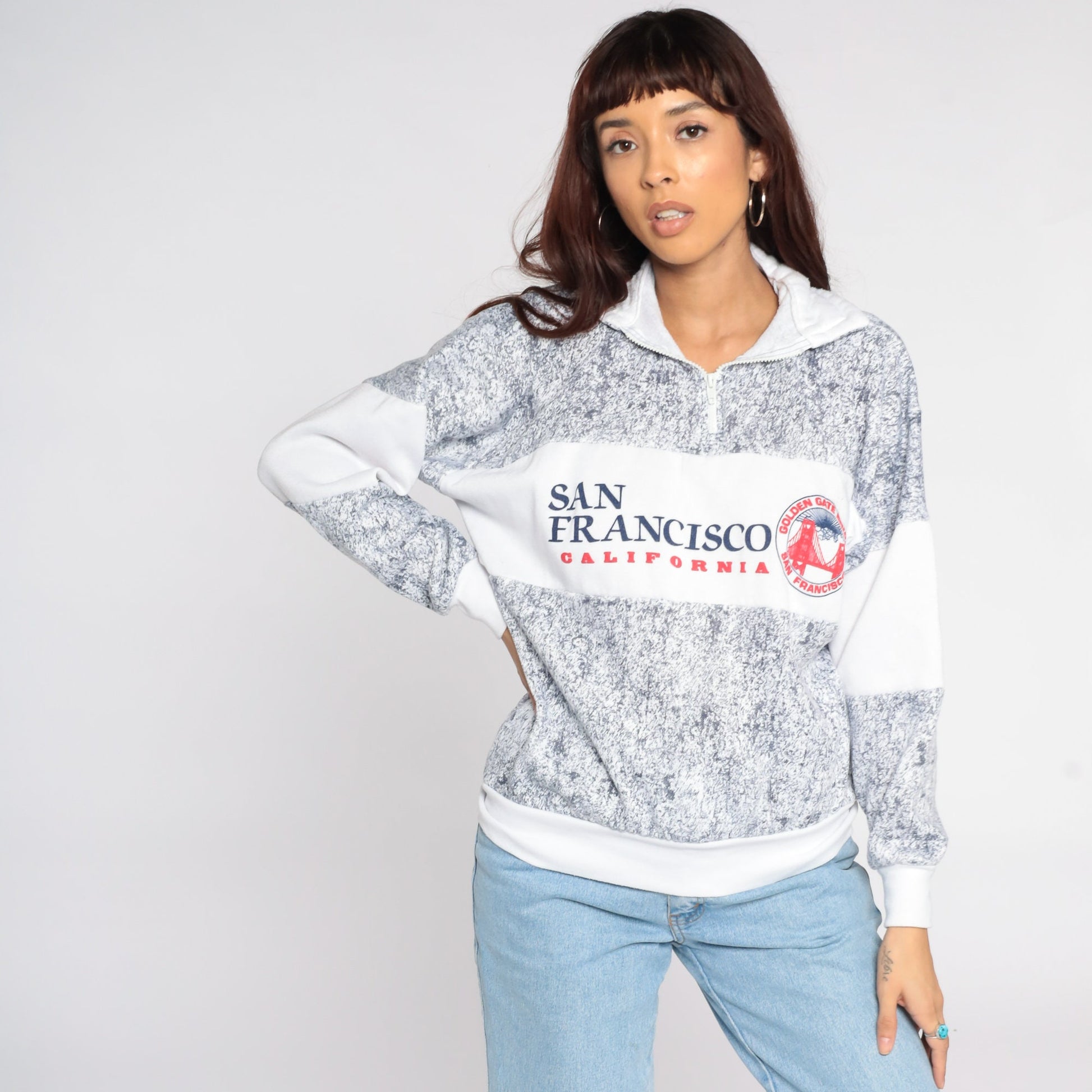 80s San Francisco Golden Gate Bridge Quarter Zip Sweatshirt Grey Large L