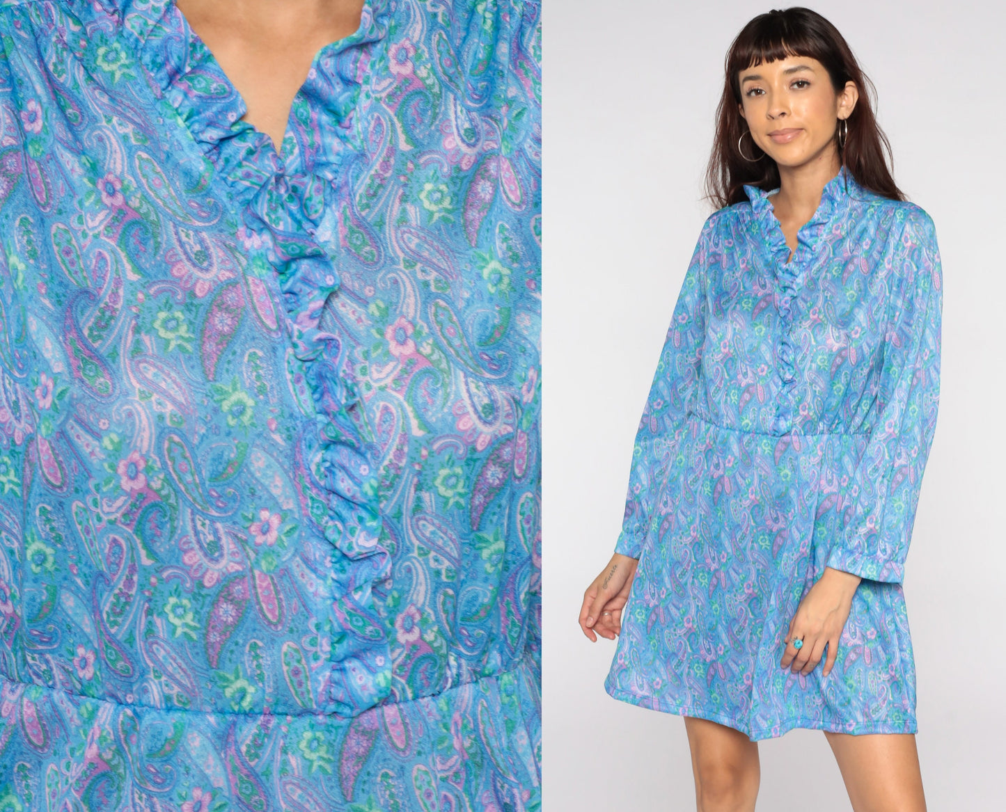 80s Blue Paisley Print Mini Dress Long Sleeve High Waist Ruffle V Neck Medium