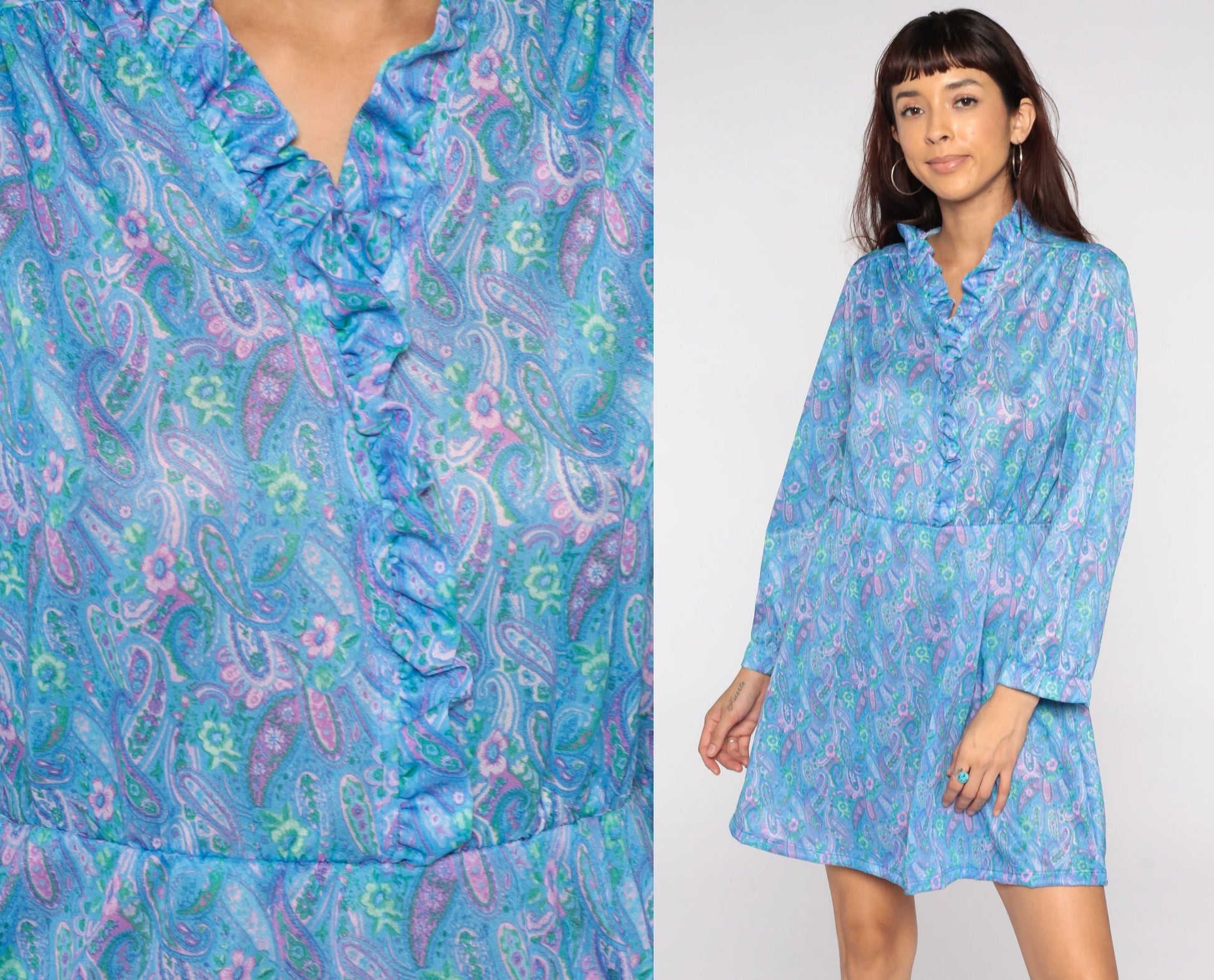 80s Blue Paisley Print Mini Dress Long Sleeve High Waist Ruffle V Neck Medium