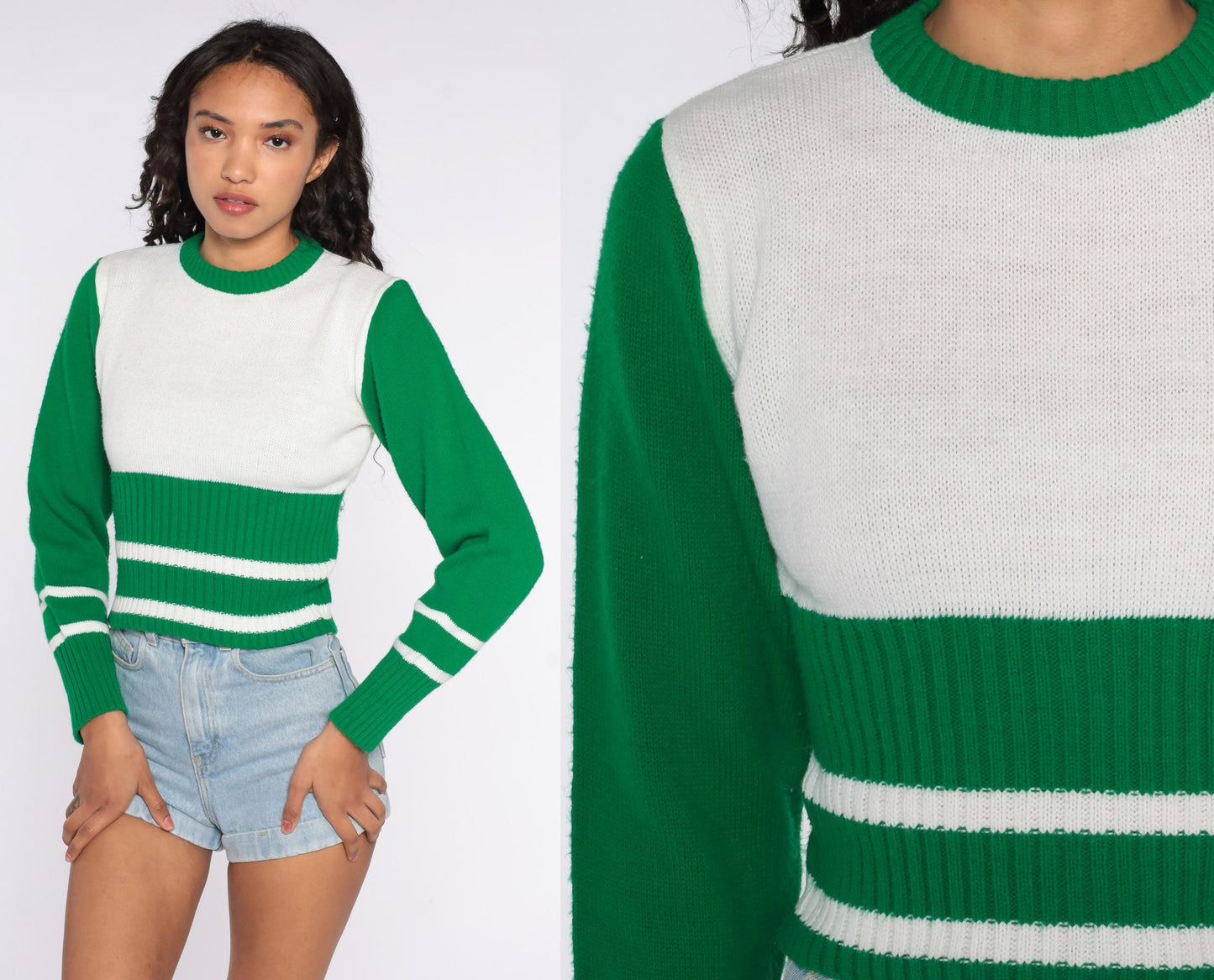 70s Striped Knit Sweater White Green Ringer Pullover Small
