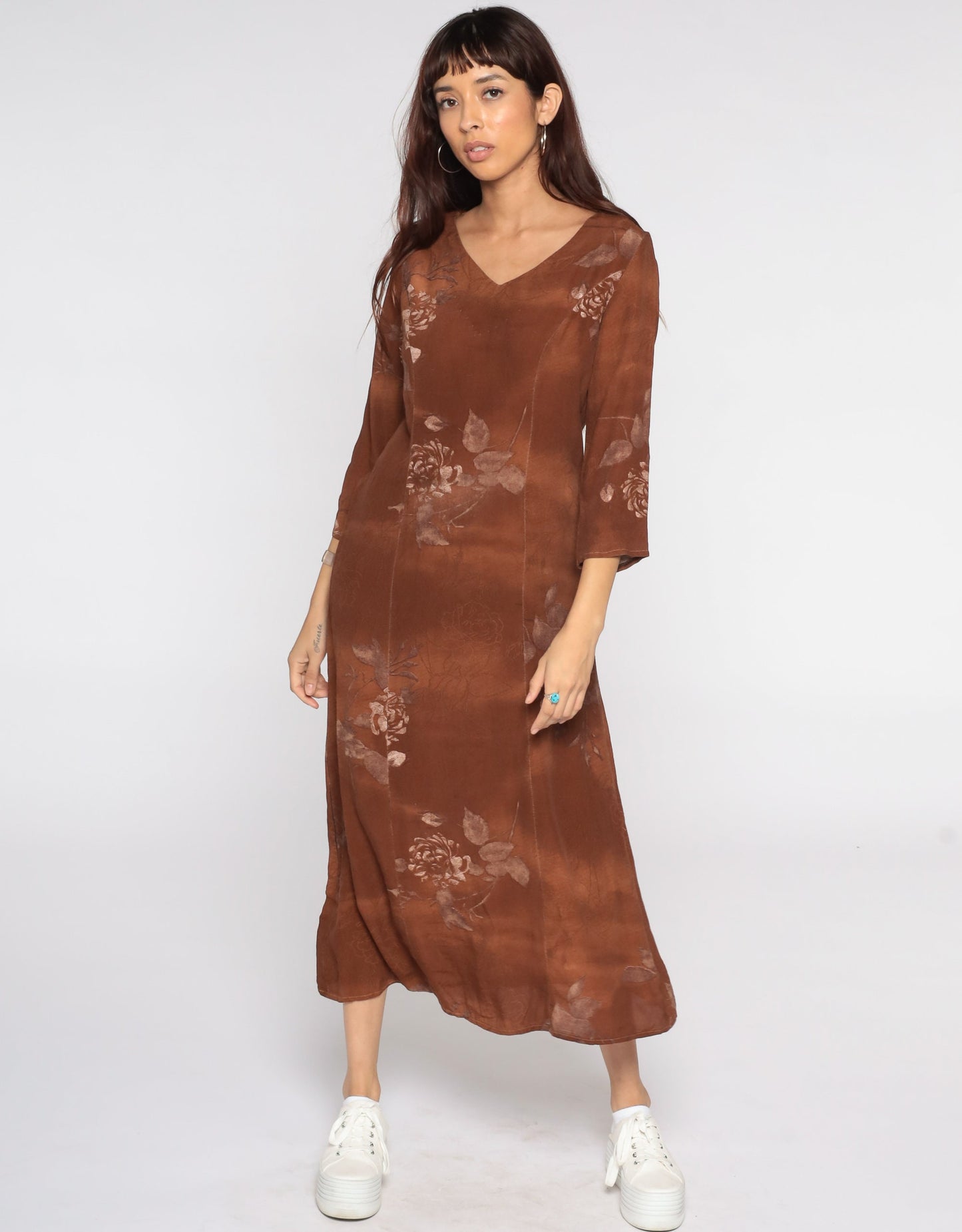 90s Brown Floral Rayon Dress Long Sleeve Maxi Small