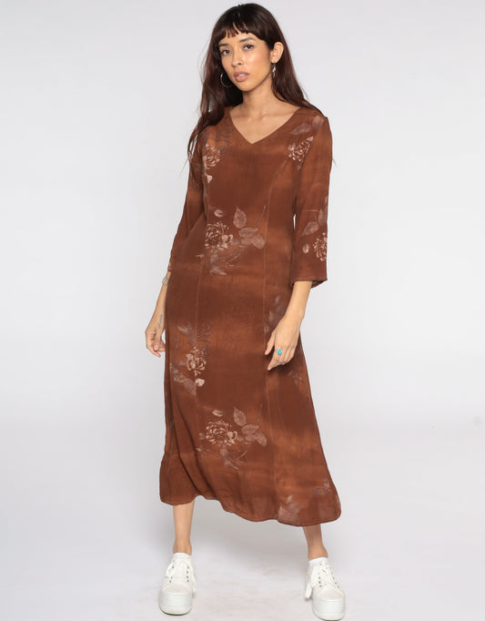 90s Brown Floral Rayon Dress Long Sleeve Maxi Small