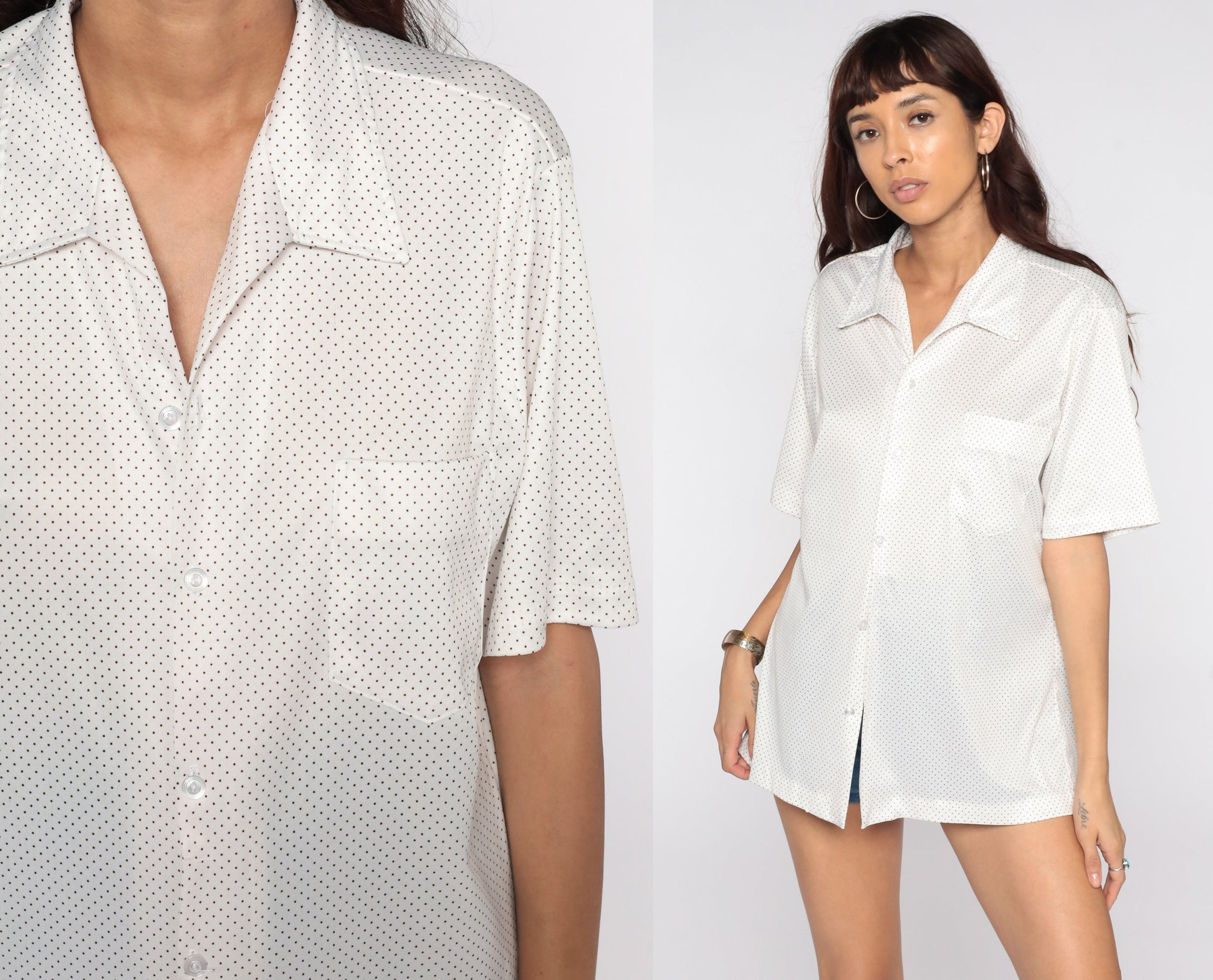 70s Polka Dot Button-Up Shirt White Short Sleeve Men's Large L