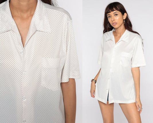 70s Polka Dot Button-Up Shirt White Short Sleeve Men's Large L