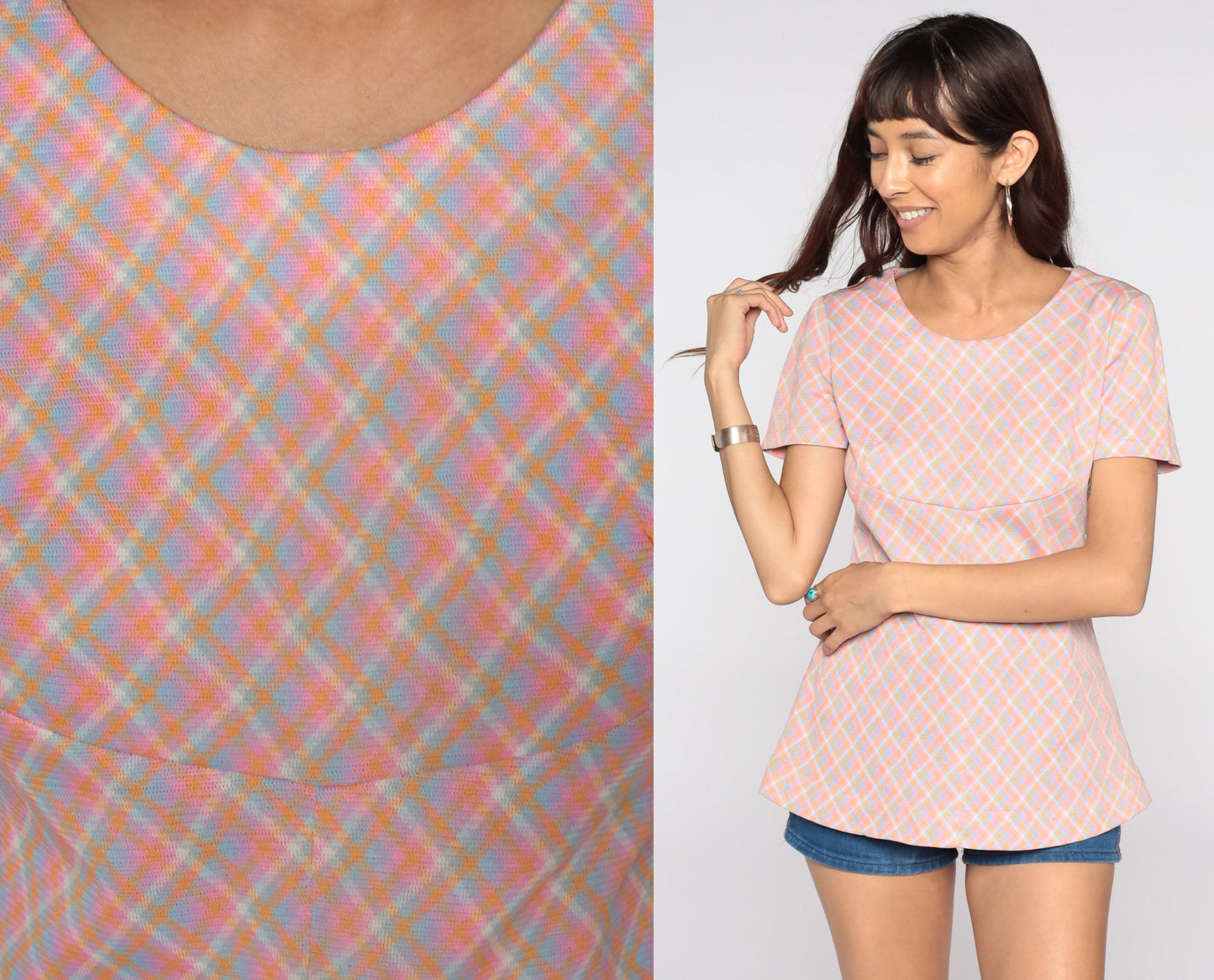 70s Pink Plaid Blouse Short Sleeve Checkered Vintage Shirt Small