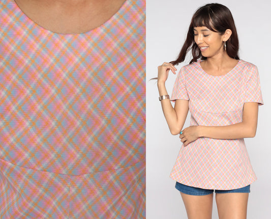70s Pink Plaid Blouse Short Sleeve Checkered Vintage Shirt Small