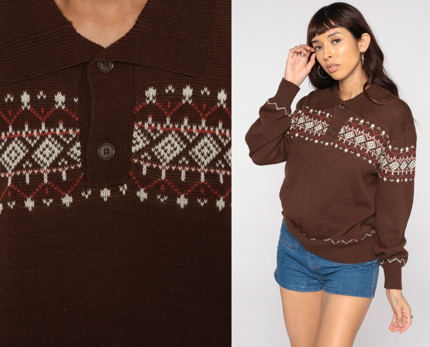 70s Fair Isle Sweater Brown Knit Geometric Pullover Medium