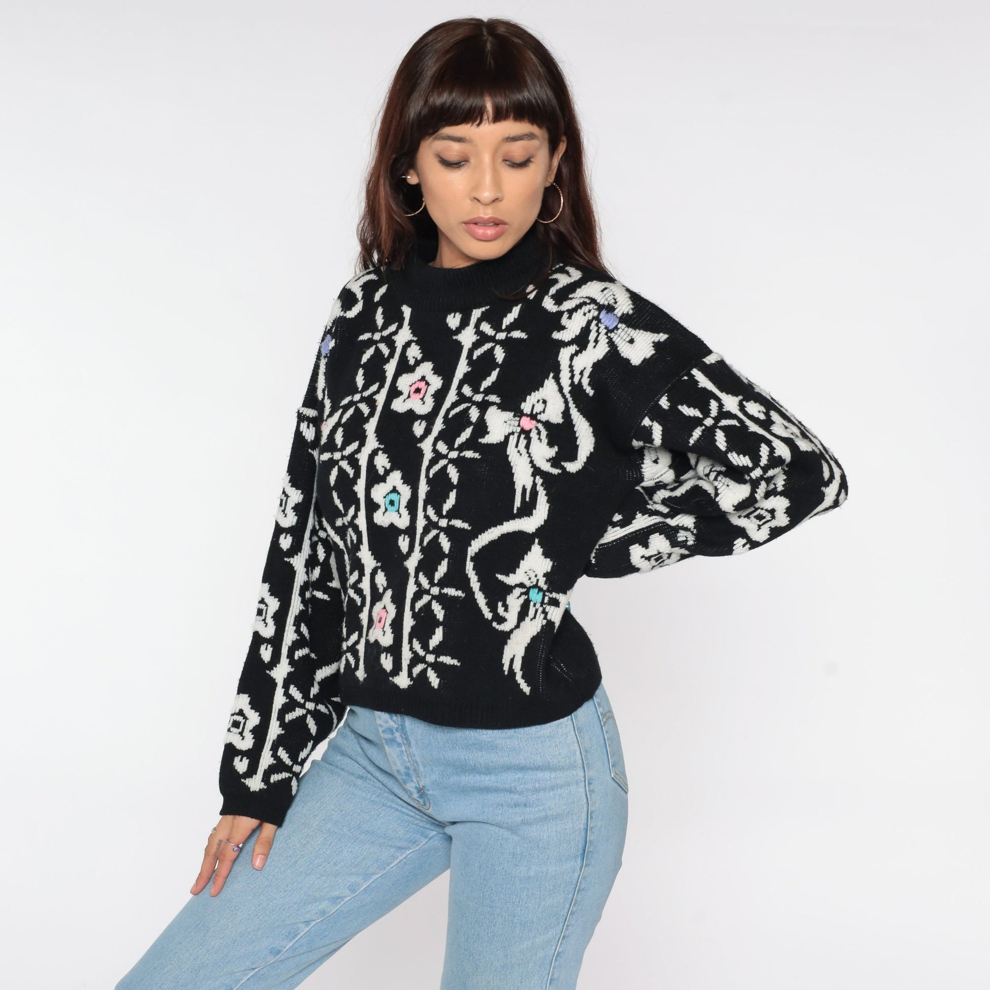 80s Black Floral Sweater White Print Pullover Knit Large