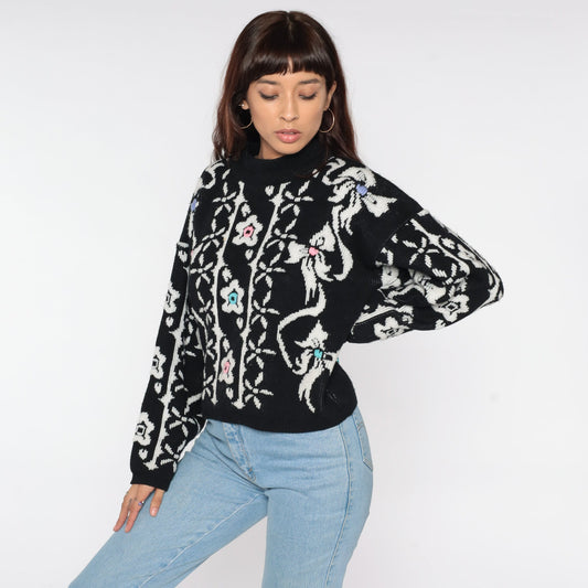 80s Black Floral Sweater White Print Pullover Knit Large