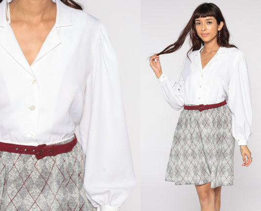 80s Leslie Fay Plaid Mini Dress Puff Sleeve White Grey Checkered Medium