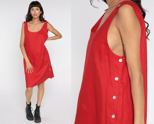 90s Rafaella Linen Jumper Dress Red Midi Sleeveless Button Side Medium