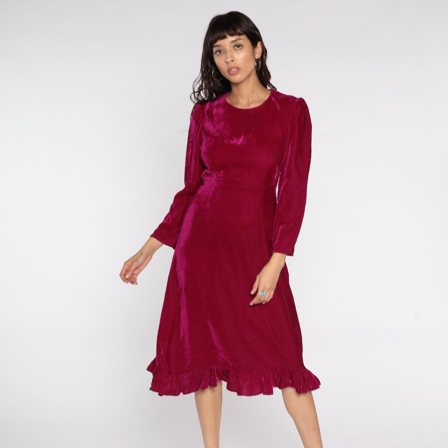 80s Raspberry Red Velvet Midi Dress High Waist Long Sleeve Small