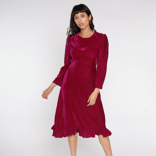 80s Raspberry Red Velvet Midi Dress High Waist Long Sleeve Small