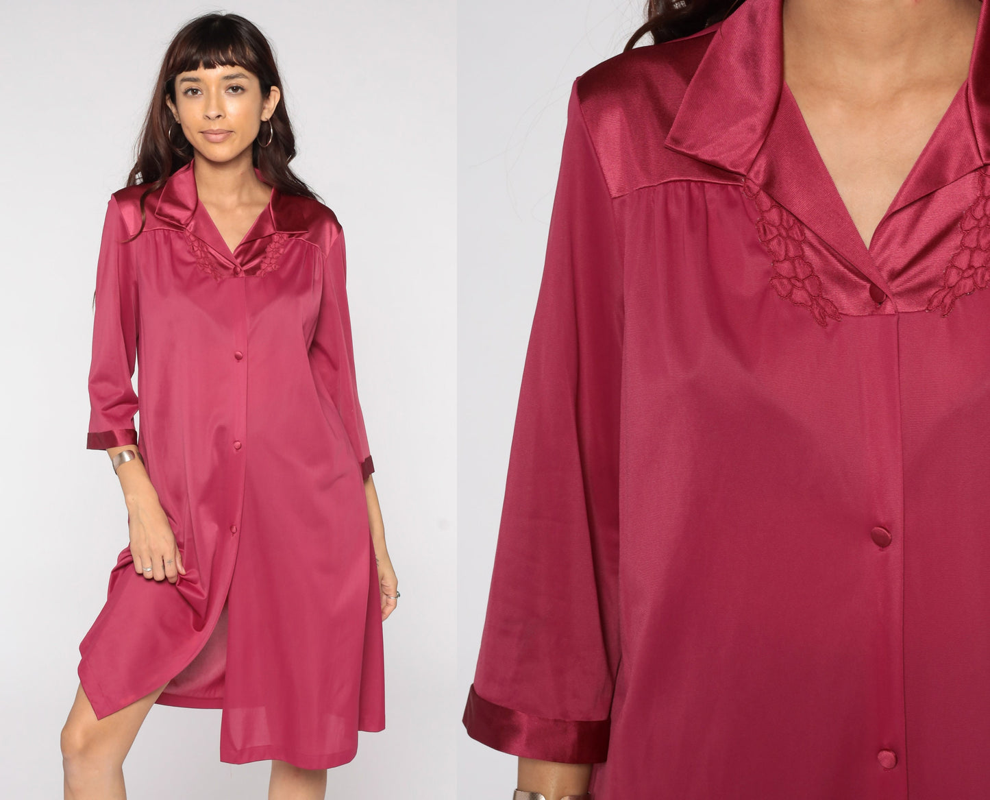 80s Raspberry Nylon Pajama Dress Floral Embroidery Button Front Midi Large L
