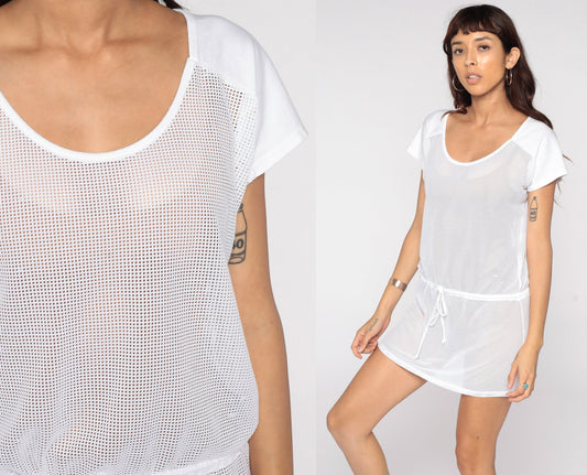 70s White Mesh Mini Dress Drawstring Waist Cut Out Medium