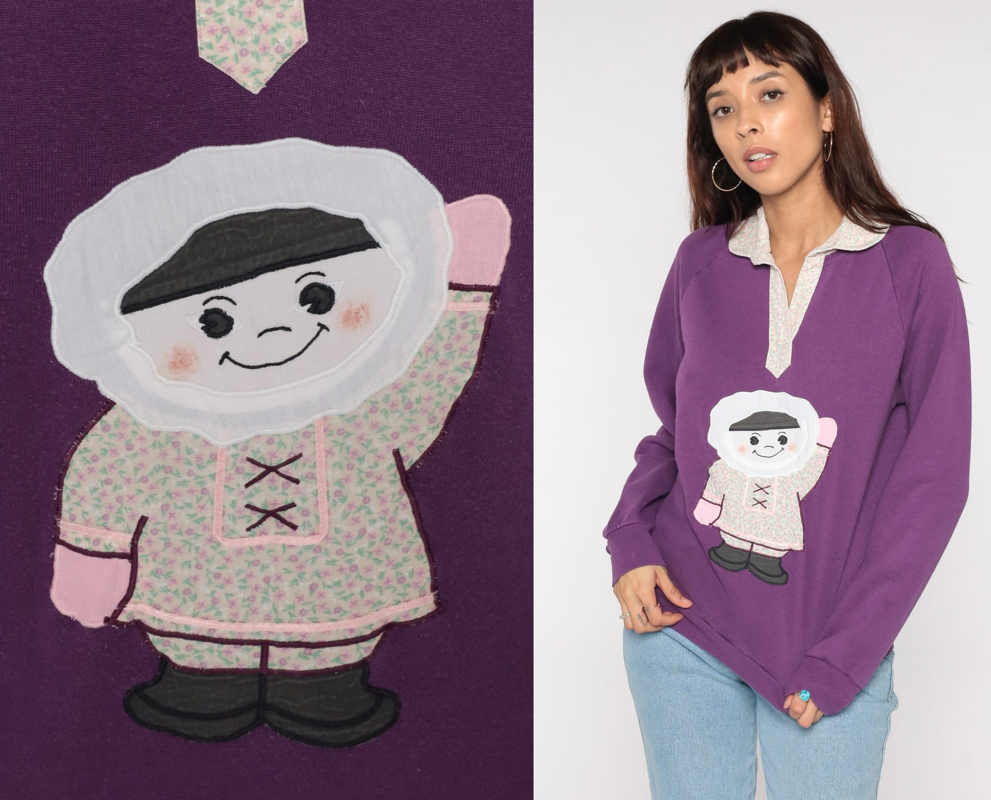80s Jerzees Sweatshirt Purple Graphic Collared Crewneck Small