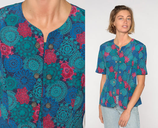80s Leslie Fay Geometric Button Up Shirt Blue Short Sleeve Medium