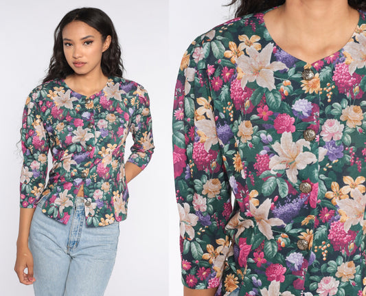 80s Floral Puff Sleeve Button-Up Blouse Polyester Medium