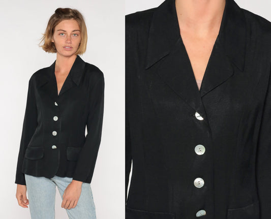 90s Black Blazer Four Button Structured Jacket Small S