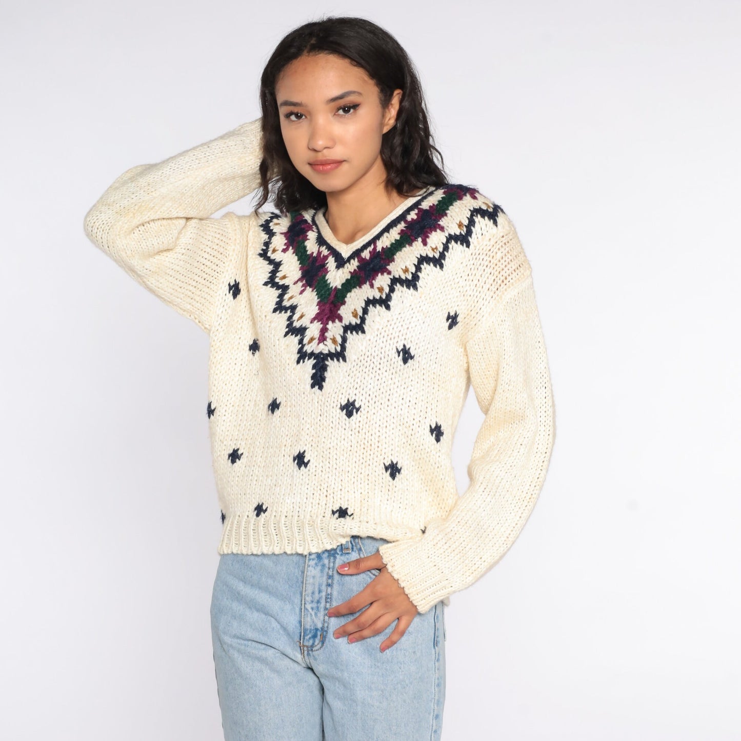 80s Cream Geometric V-Neck Sweater Knit Pullover Small