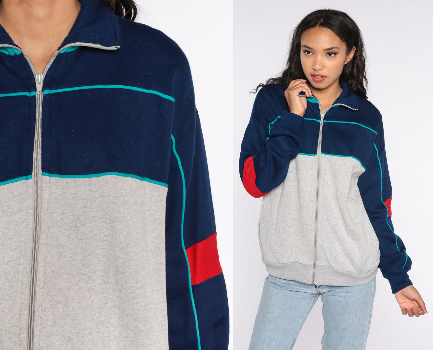 80s Track Jacket Blue Grey Zip Up Sweatshirt Medium