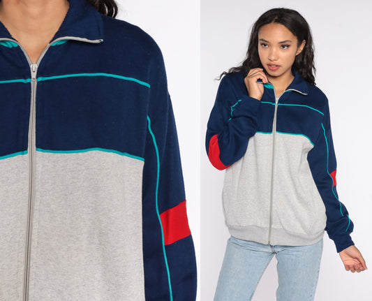 80s Track Jacket Blue Grey Zip Up Sweatshirt Medium