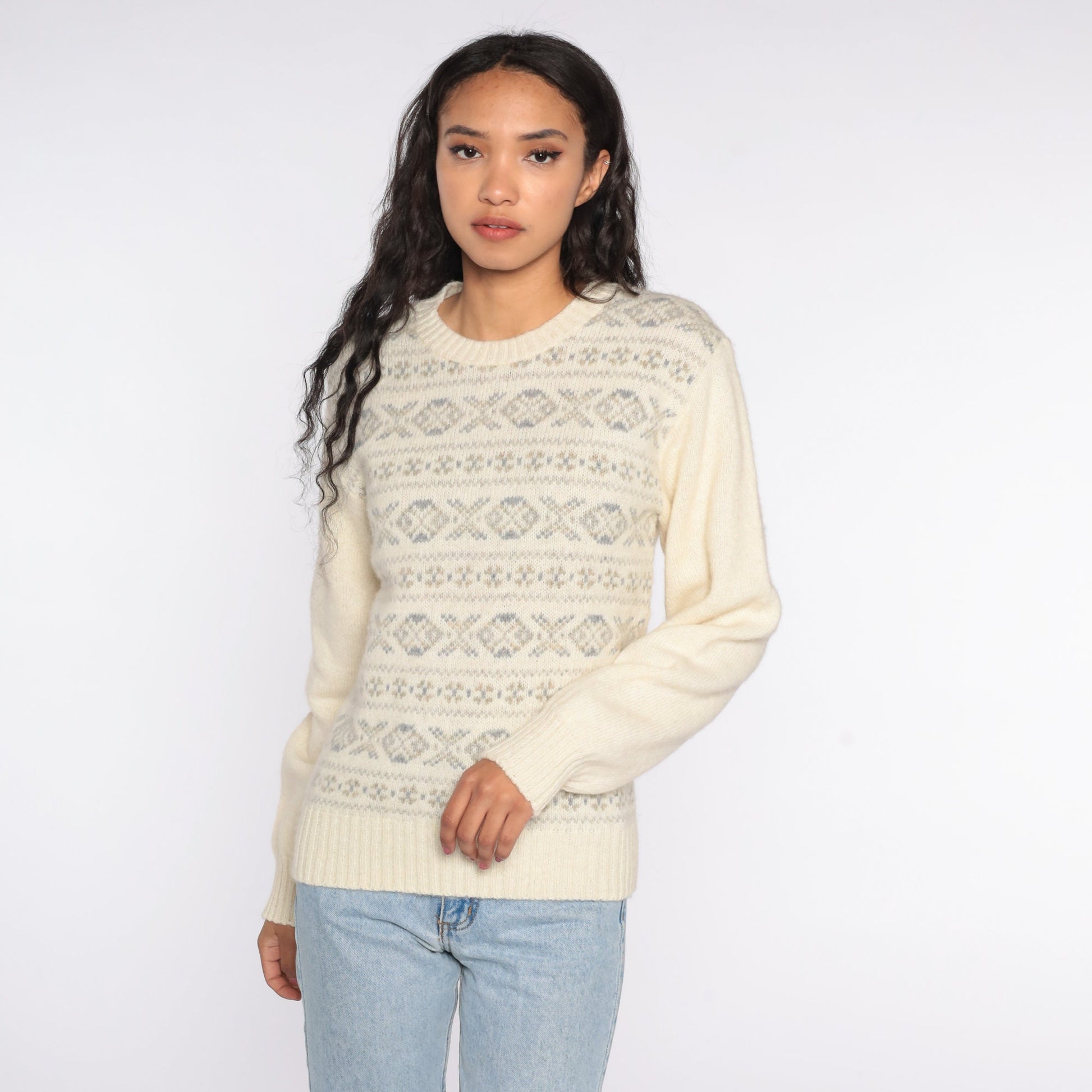 80s Cream Geometric Wool Blend Sweater Knit Pullover Medium
