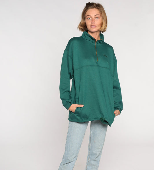 80s Bike Quarter Zip Sweatshirt Green Graphic Pullover Large L