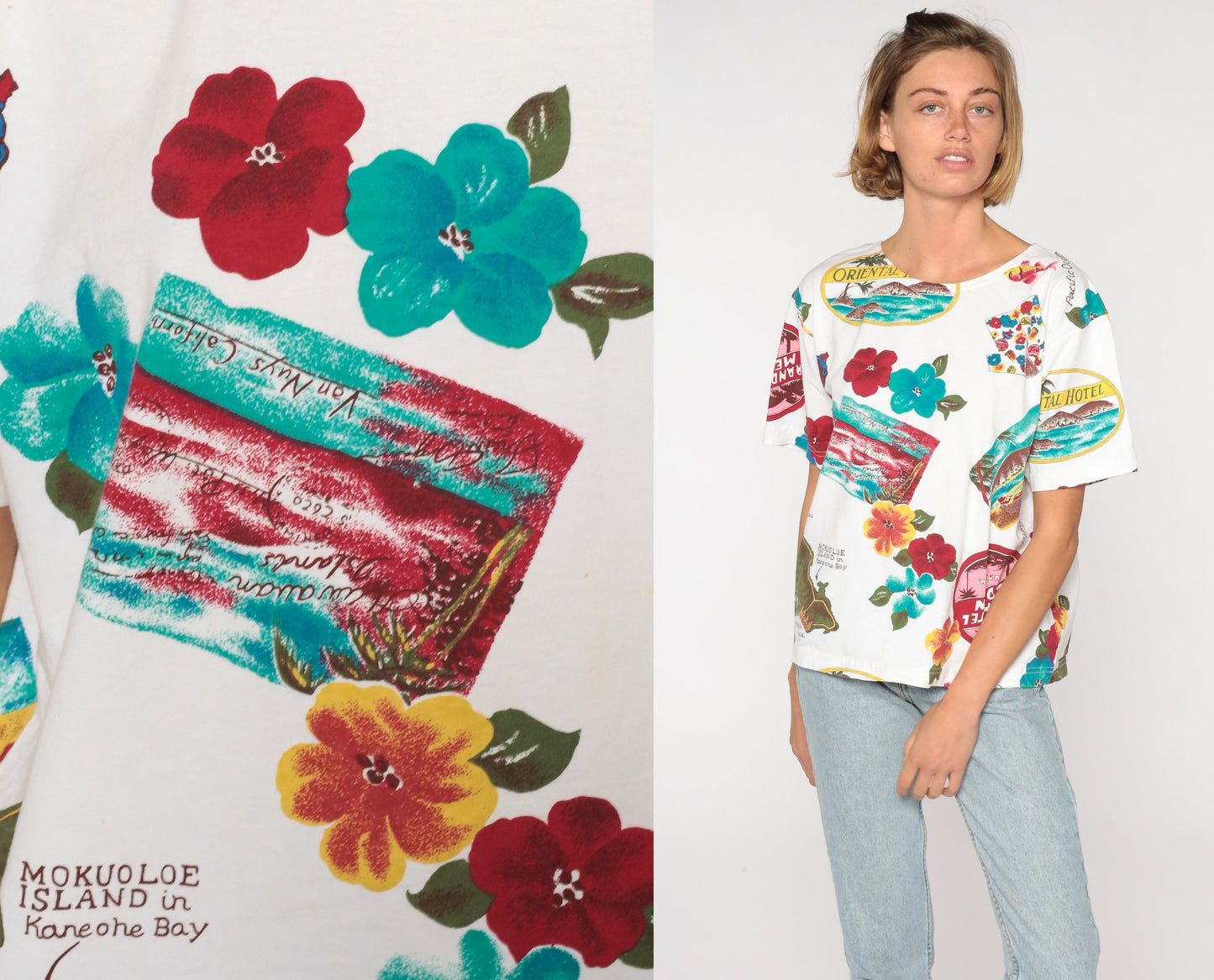 90s Hawaii Map Floral Graphic T-Shirt Mokuoloe Island Cotton Medium