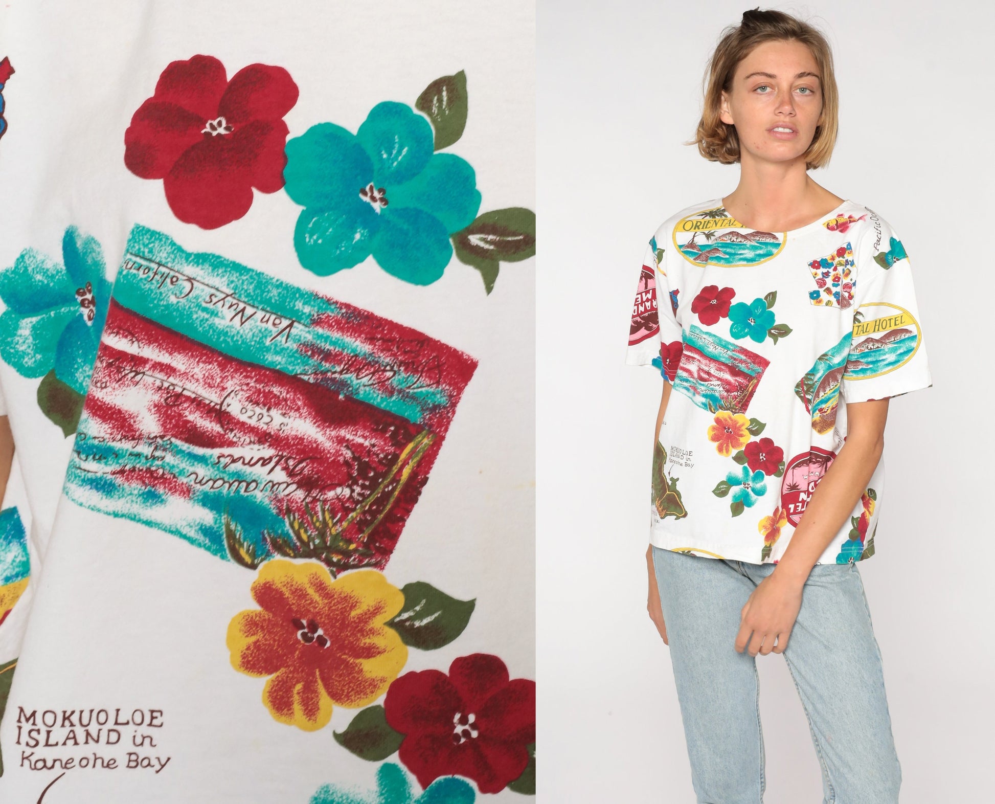 90s Hawaii Map Floral Graphic T-Shirt Mokuoloe Island Cotton Medium