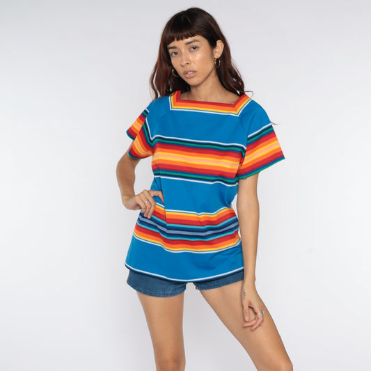 70s Rainbow Striped Raglan Blouse Polyester Knit Top Medium Large