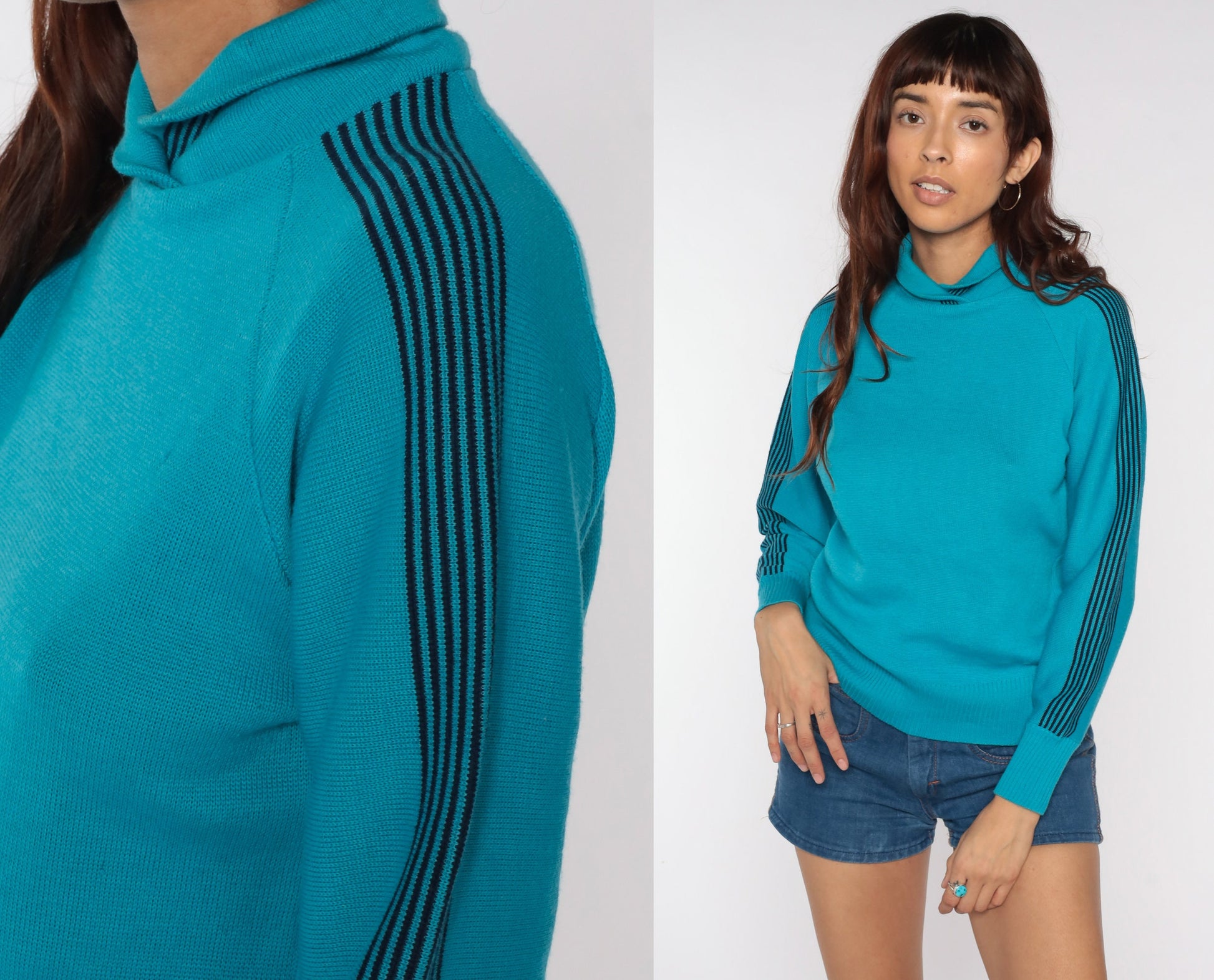 80s Blue Striped Wool Raglan Sweater Knit Pullover Small Medium