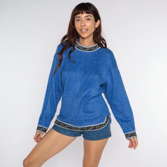 80s Blue Ringer Knit Sweater Nordic Trim Pullover Medium