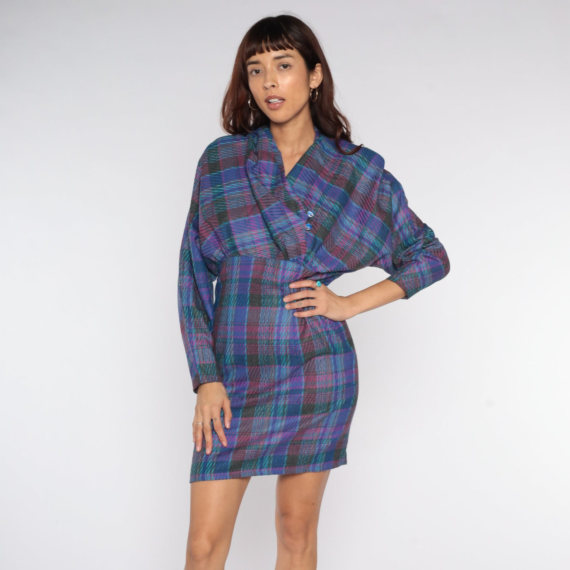 1970s Purple Plaid Mini Dress V-Neck Dolman Sleeve Pencil Skirt Medium