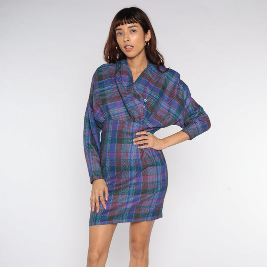 1970s Purple Plaid Mini Dress V-Neck Dolman Sleeve Pencil Skirt Medium